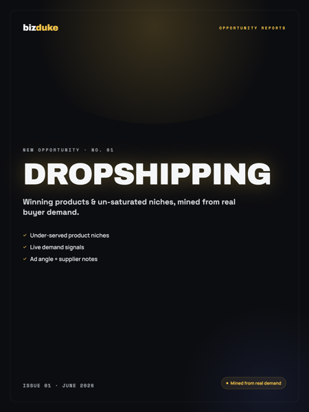 bizduke opportunity report cover — Dropshipping: winning products and un-saturated niches, mined from real buyer demand.