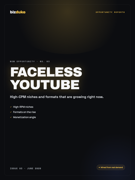 bizduke opportunity report cover — Faceless YouTube: high-CPM niches and formats growing right now.