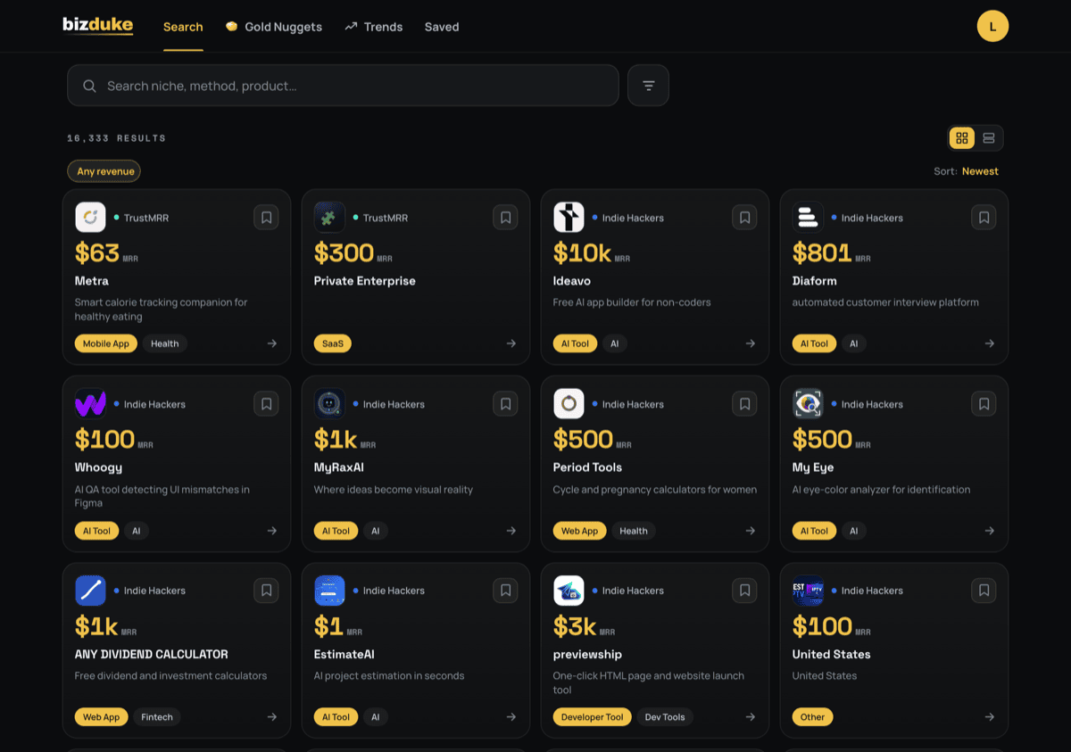 bizduke Search — a grid of verified businesses with revenue, type and niche filters.